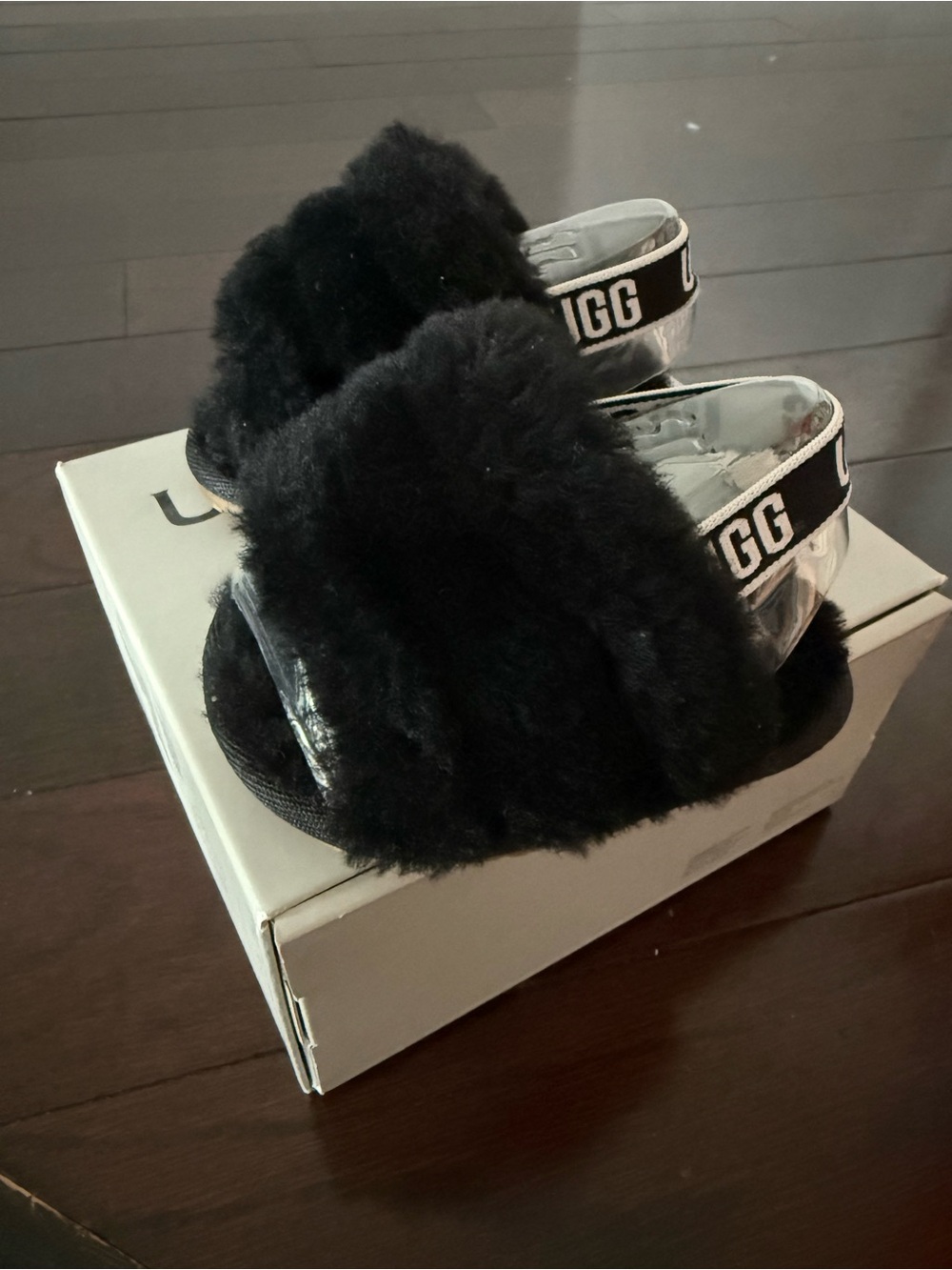 UGG Kids Black Fuzzy Slide Sandals with Branded Heel Strap